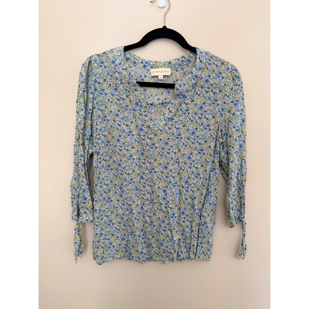 Cynthia Rowley Blue Yellow Ditsy Floral Rayon Split Neck Tie Cuff Blouse Medium